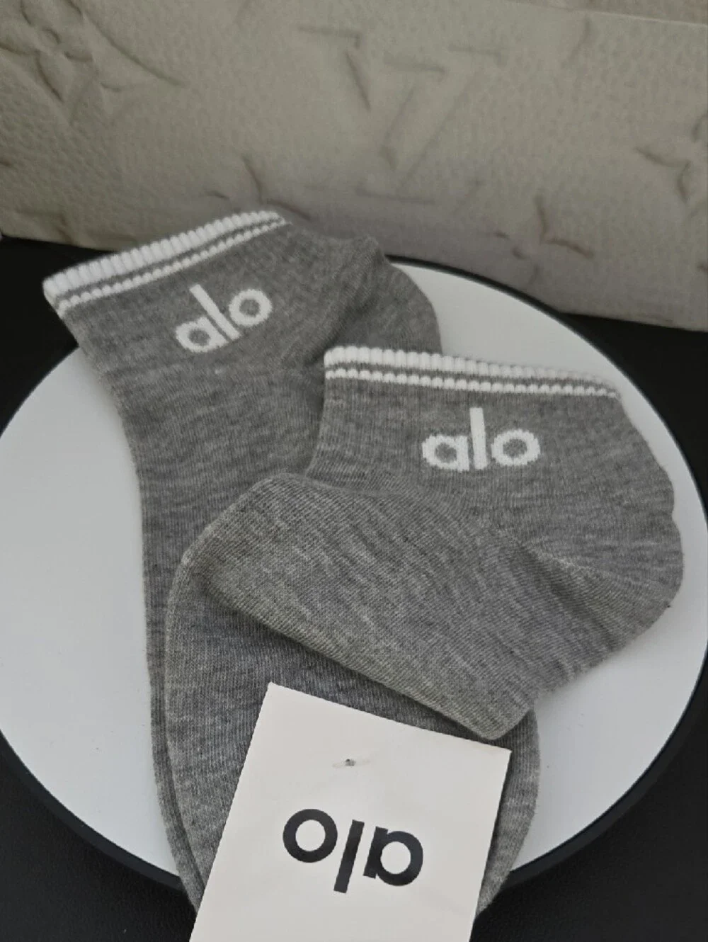 ALO Grey Athletic Ankle Socks with White Stripe